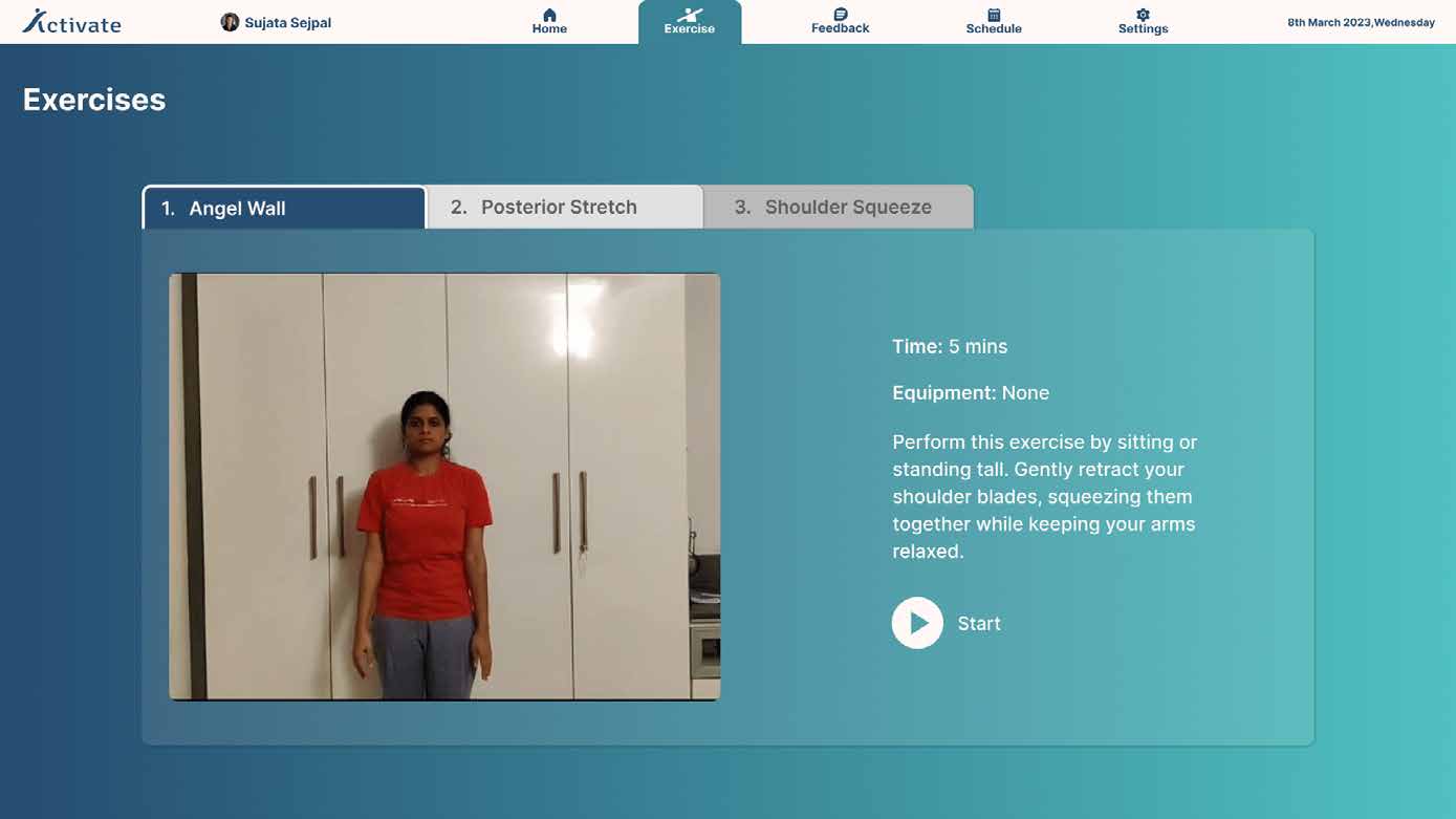 The exercise screen, with three exercises as tabs and a preview clip beside the timing and instructions.