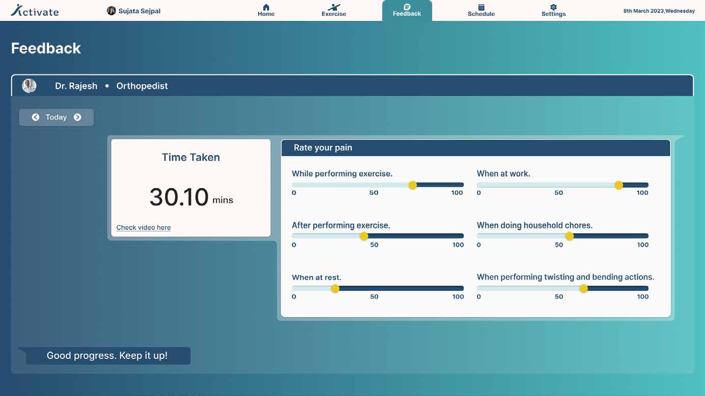 The feedback screen, showing time taken beside six pain rating sliders for different daily contexts.