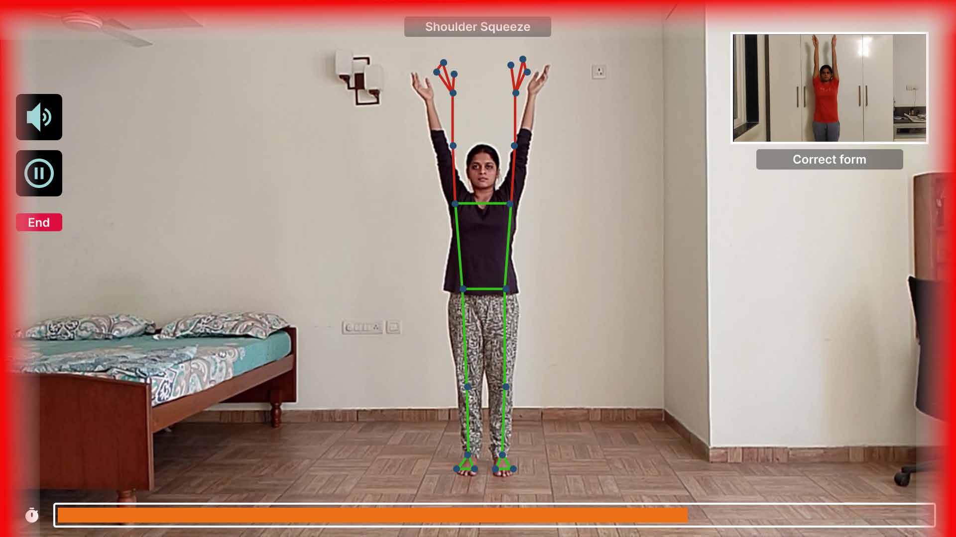 Guided exercise, with the tracked skeleton over the live feed, a red border for bad form, and the reference clip in the corner.