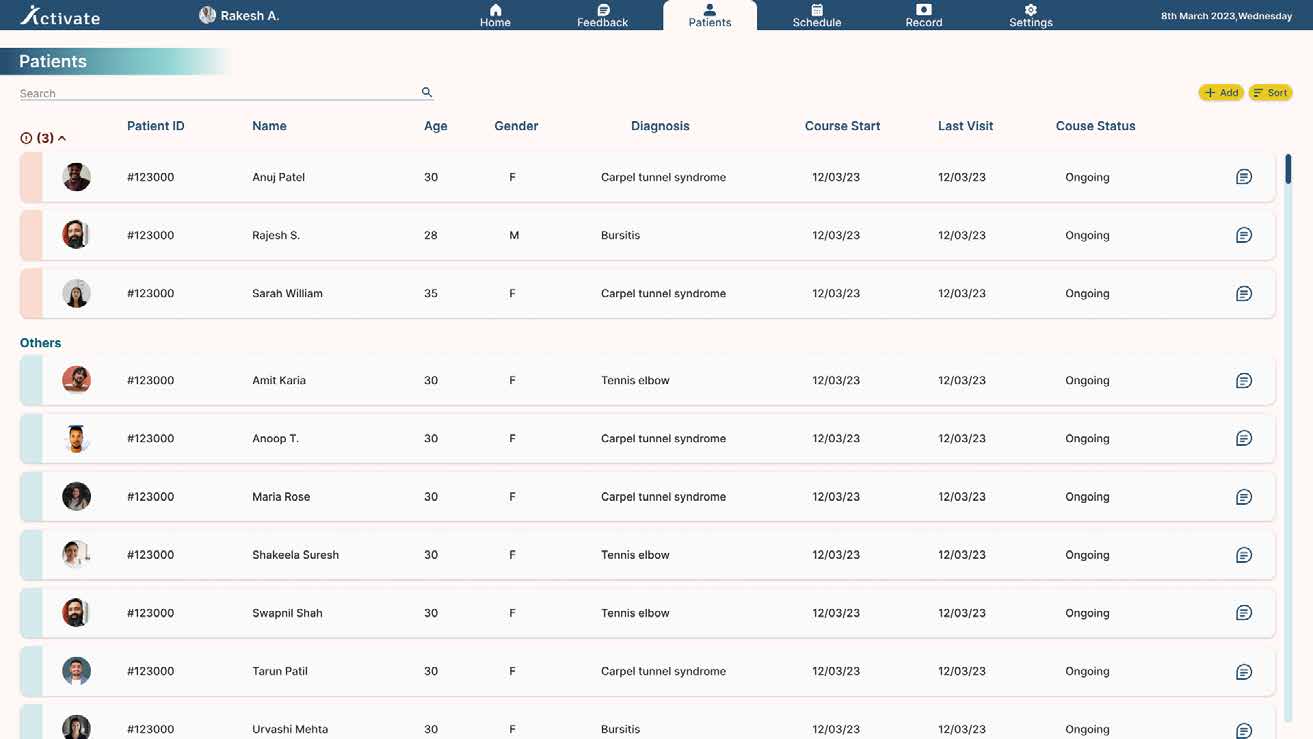 Patient list screen, with patients who are not doing their exercises highlighted.