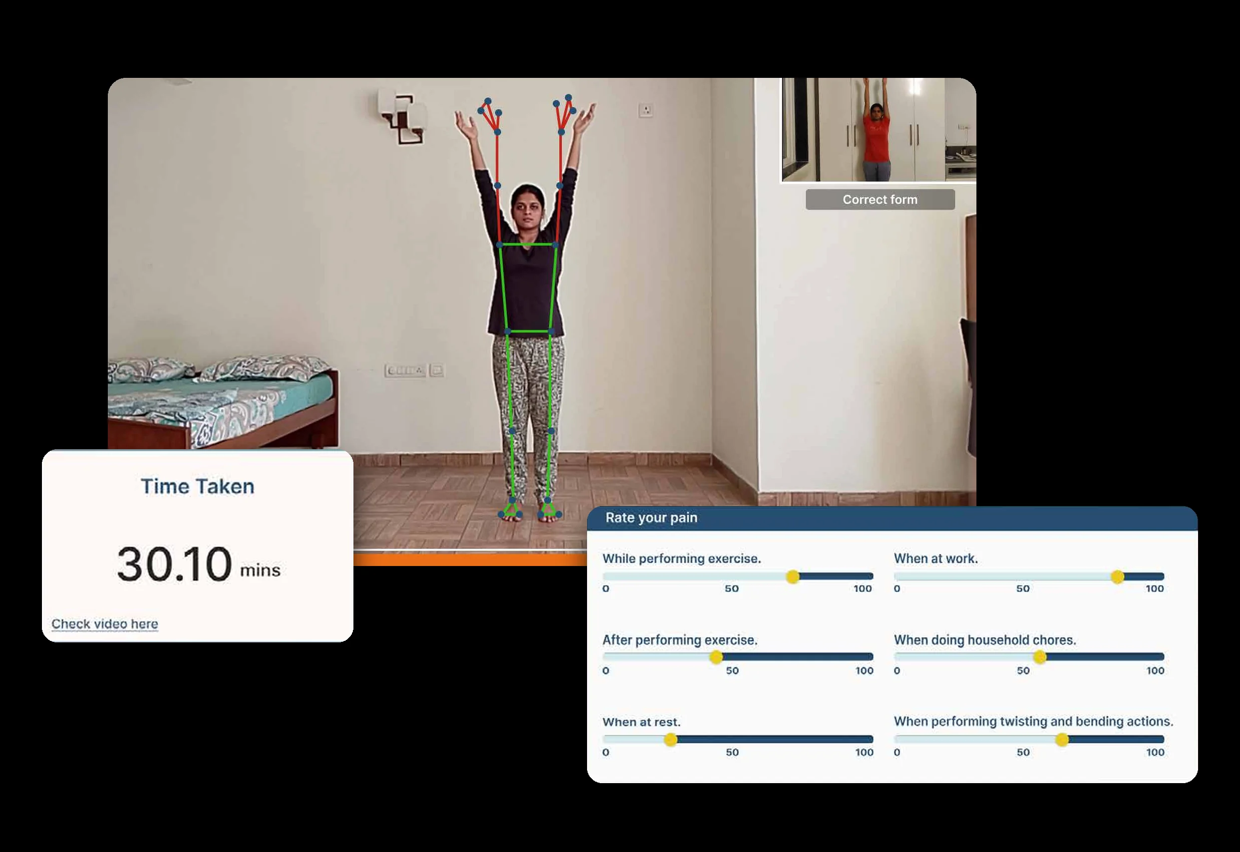 A patient mid exercise with the tracked skeleton over her body and a correct form marker, beside the time taken and the pain rating form.