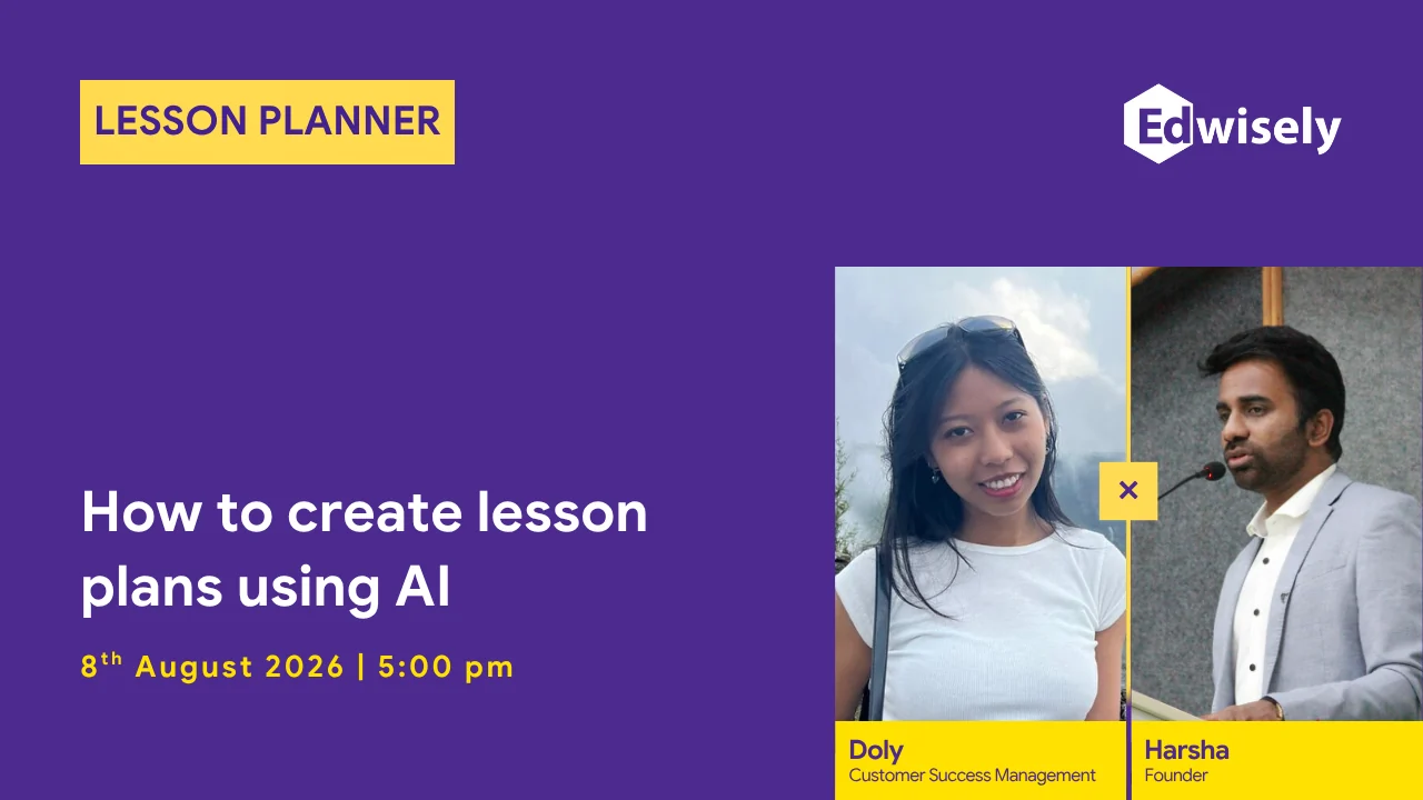 An event card on purple: a yellow chip reading lesson planner, a headline, a date, and two speakers with their names on yellow strips.