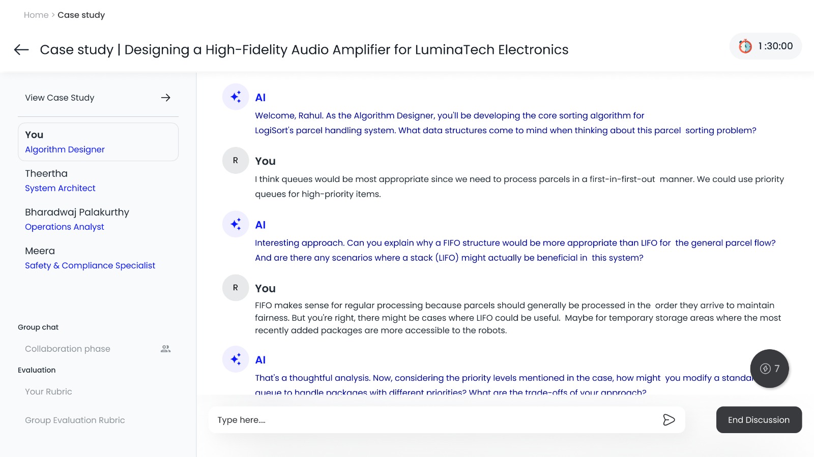 The early two column layout, with the role list and the case study link in a narrow left column and the AI conversation filling the rest.