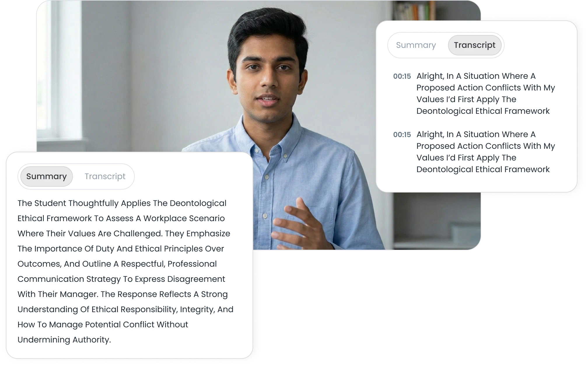 The video response with its summary card and its timestamped transcript card layered over it, the two derived views sitting on top of the original.