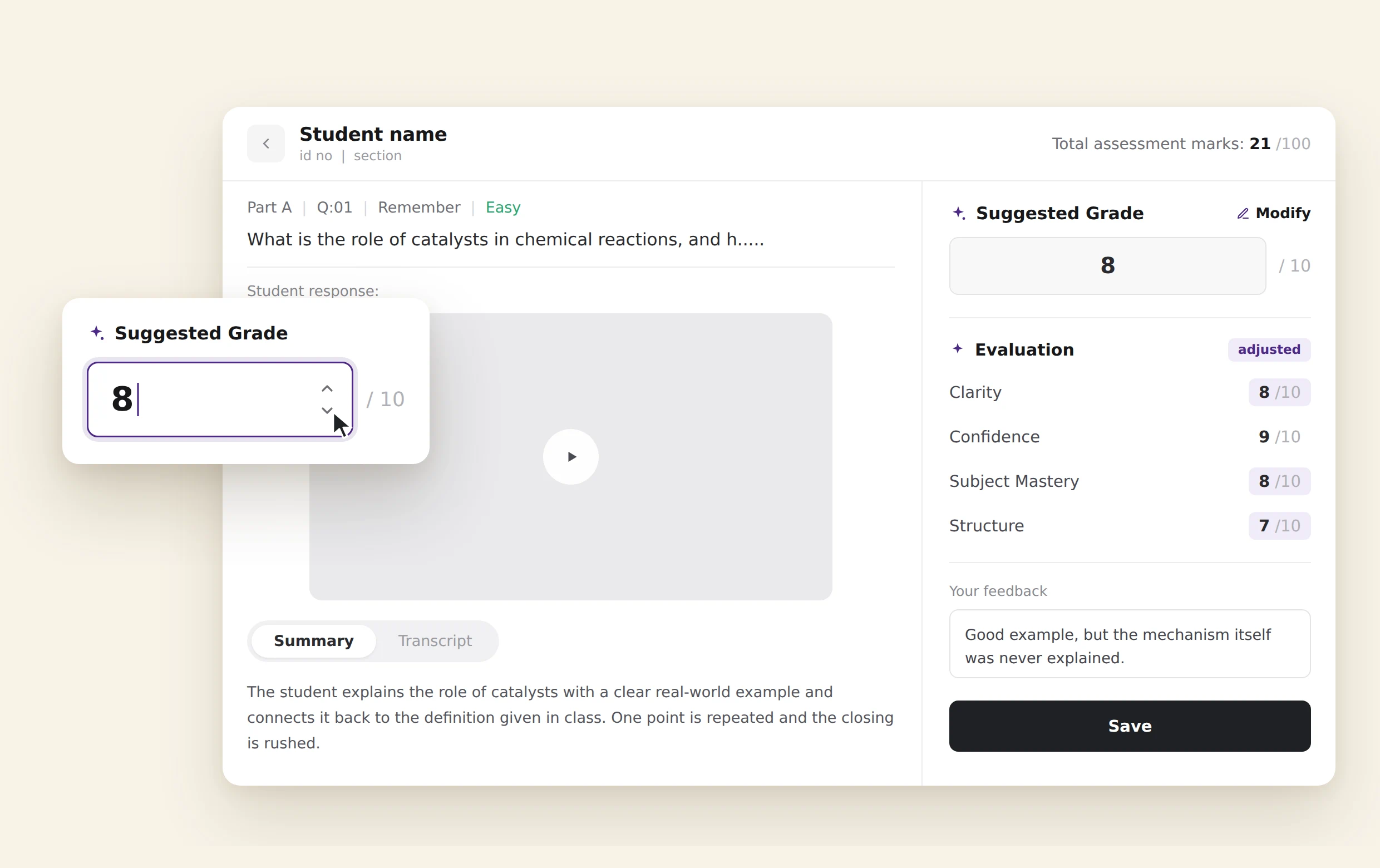 The evaluation panel with the AI’s suggested grade and its four criteria scores, marked adjusted, and a card floating in front of it where a faculty member is typing a different grade over the top.