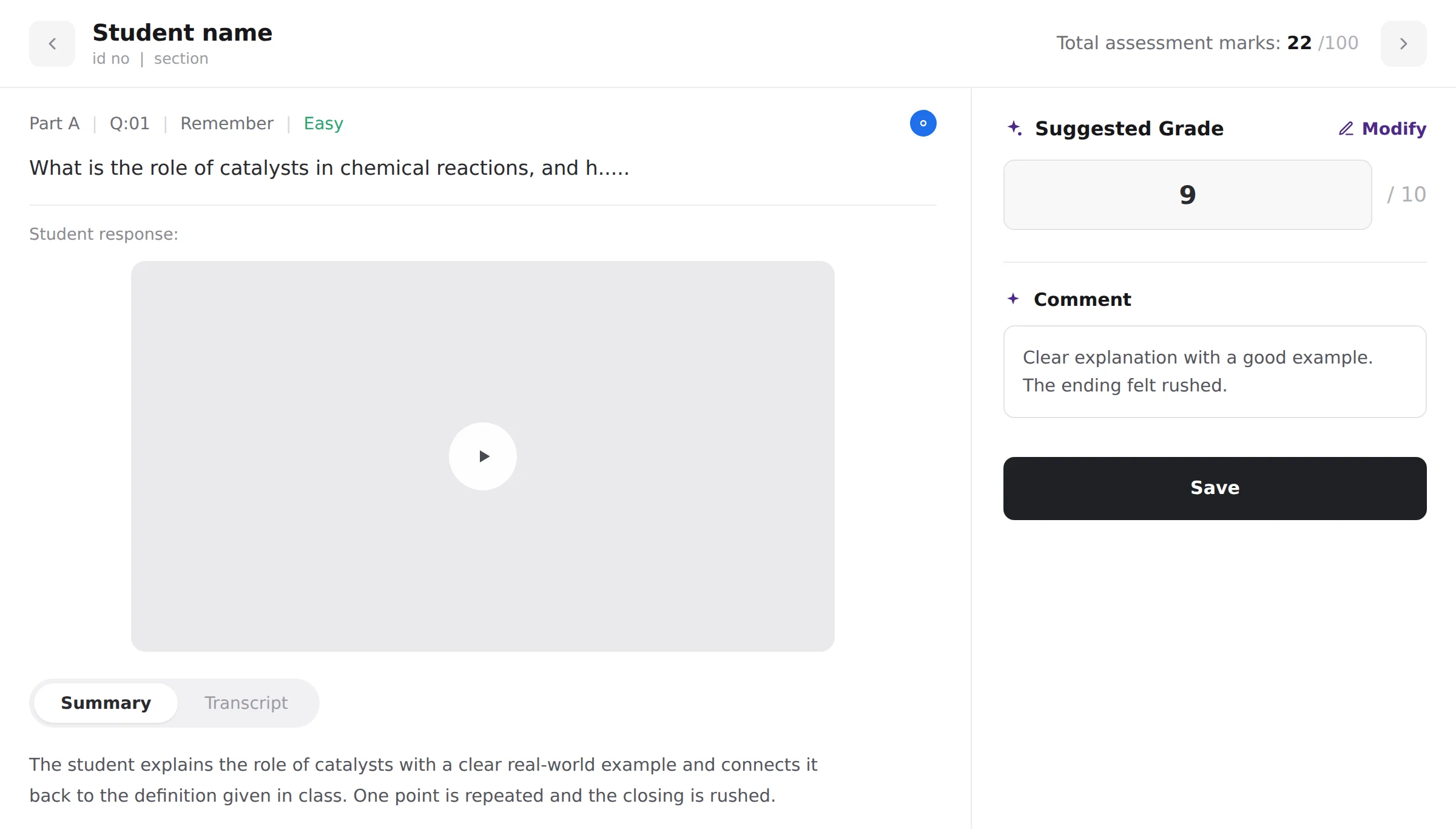 A wireframe of the detail view: the question and the student’s video response with its summary on the left, and a panel beside it holding the suggested grade and a comment box.